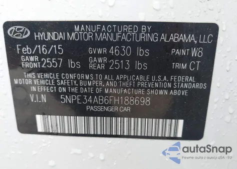 2015 Hyundai Sonata Sport 2.0T from USA, damaged, VIN 5NPE34AB6FH188698